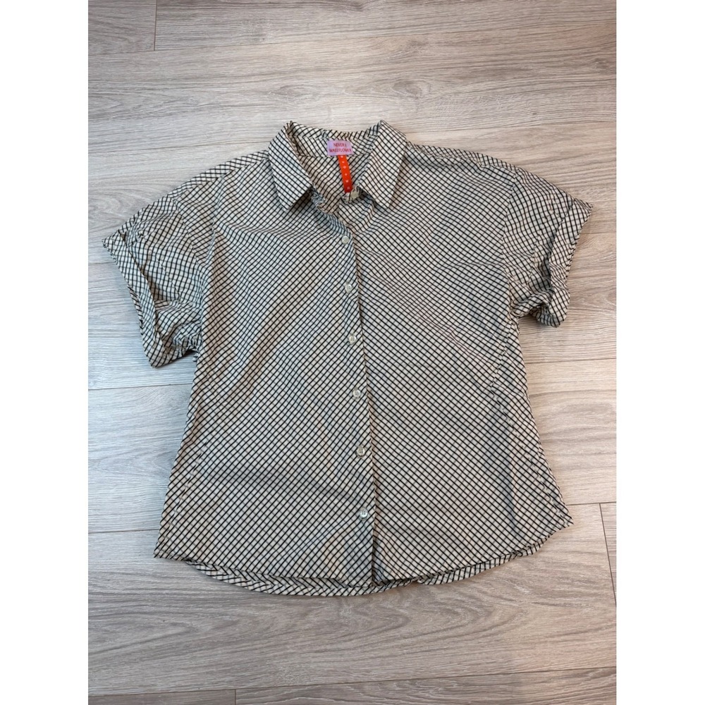 Never A Wallflower Womens Short Sleeve Button Down Grid‎ Print Shirt Black White